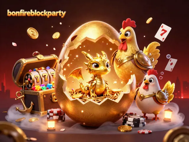 Experience the excitement of bonfireblockparty with vibrant gaming elements and a golden dragon.