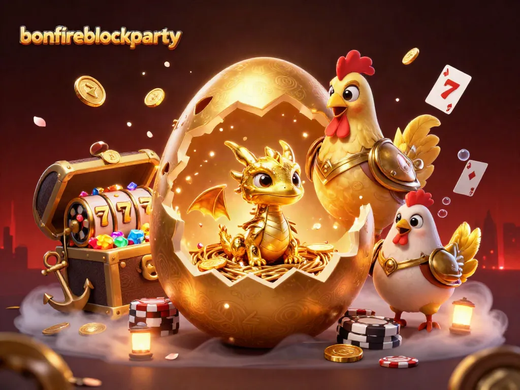 Experience the excitement of bonfireblockparty with vibrant gaming elements and a golden dragon.