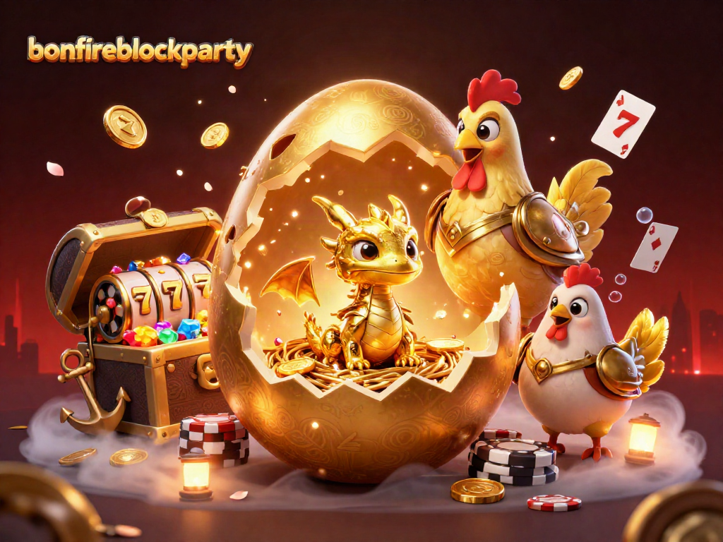 Experience the excitement of bonfireblockparty with vibrant gaming elements and a golden dragon.