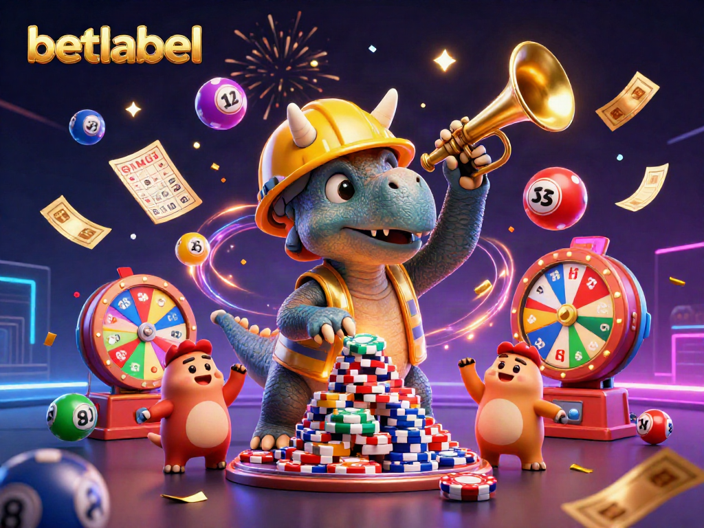 Engaging betlabel illustration featuring a triceratops building poker chip pyramids amidst joyful celebrations.