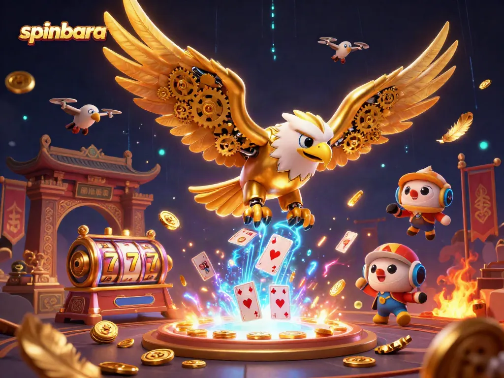 Spinbara's cybernetic golden eagle dives amidst a vibrant casino scene filled with slot reels and glowing tokens.