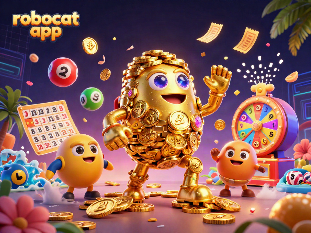 Win big with the robocat app featuring colorful casino elements and an exciting golden golem.