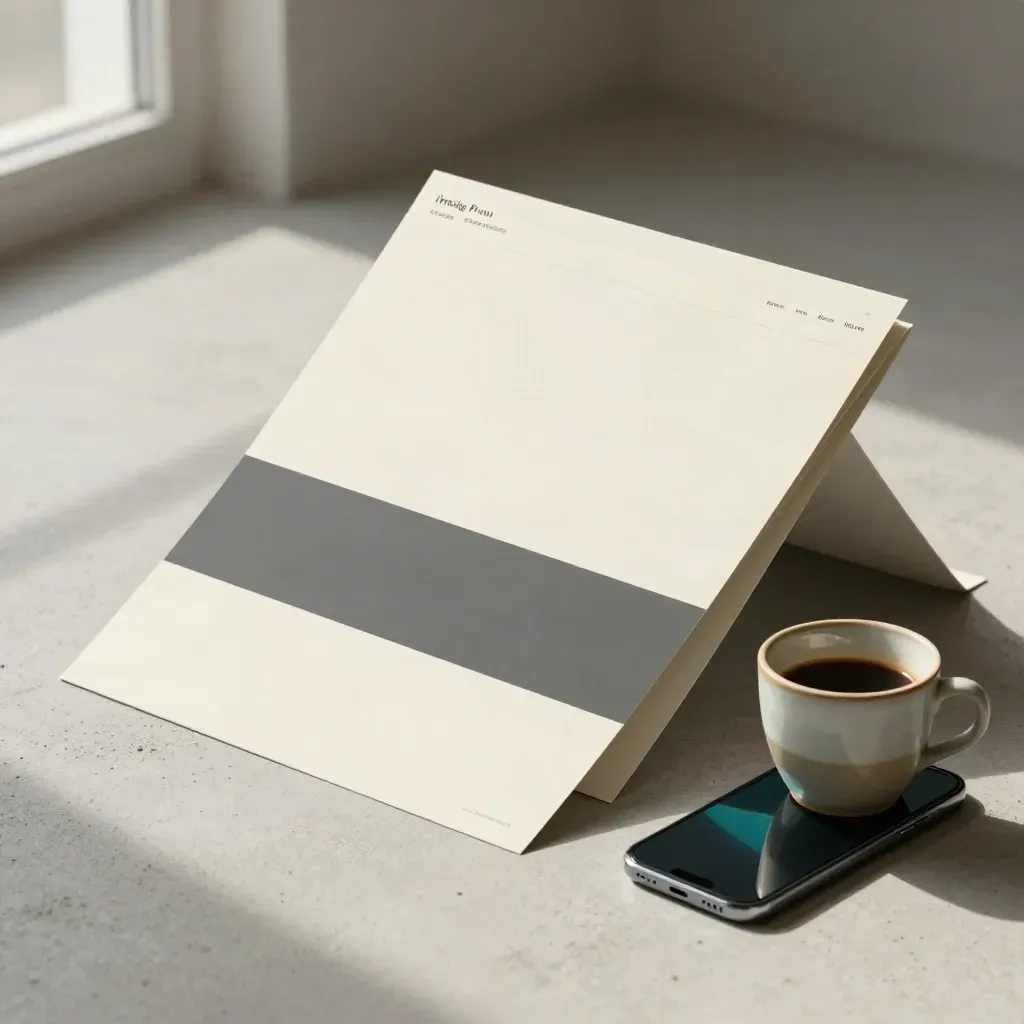 Tableros web, móvil, mockup y taza de café sobre hormigón, con luz suave.