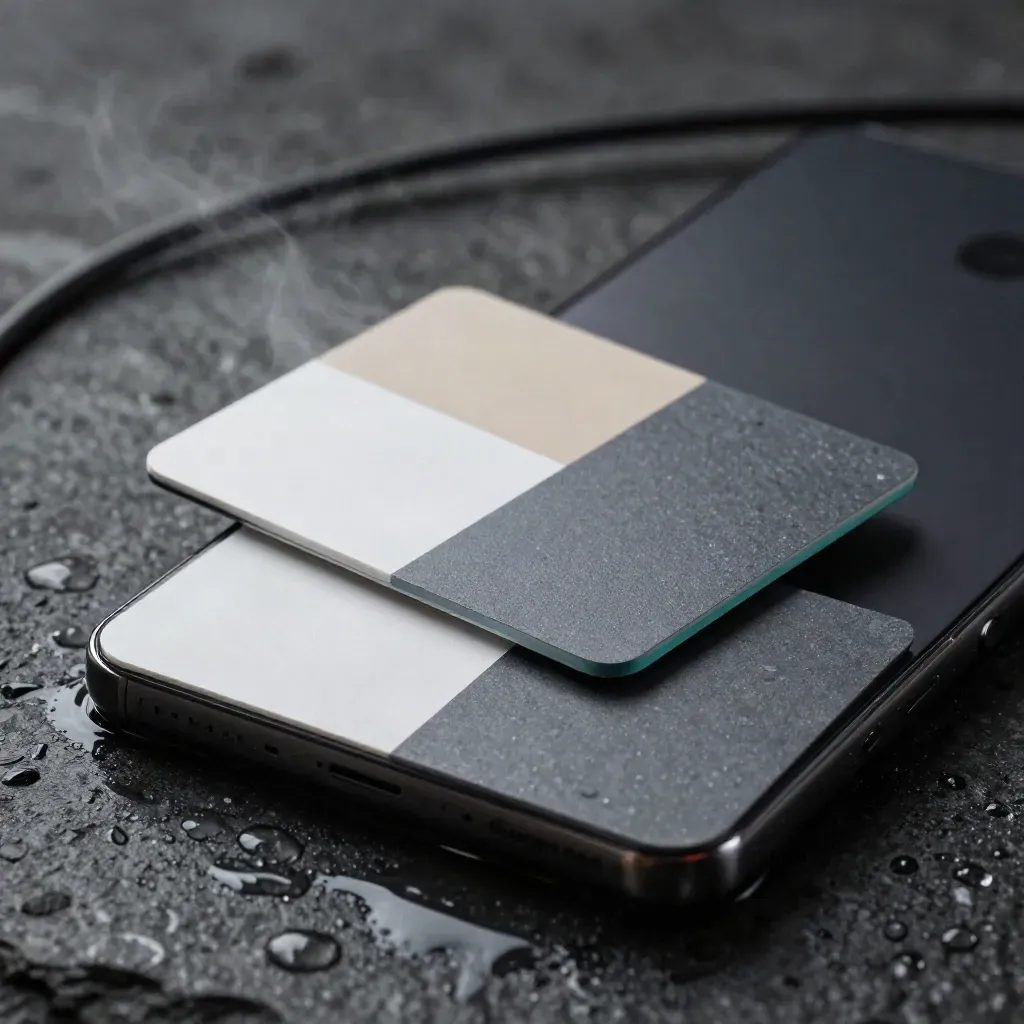 Kit compacto de Google Ads sobre piedra mojada, con móvil oscuro, tarjetas y cable en luz dramática.