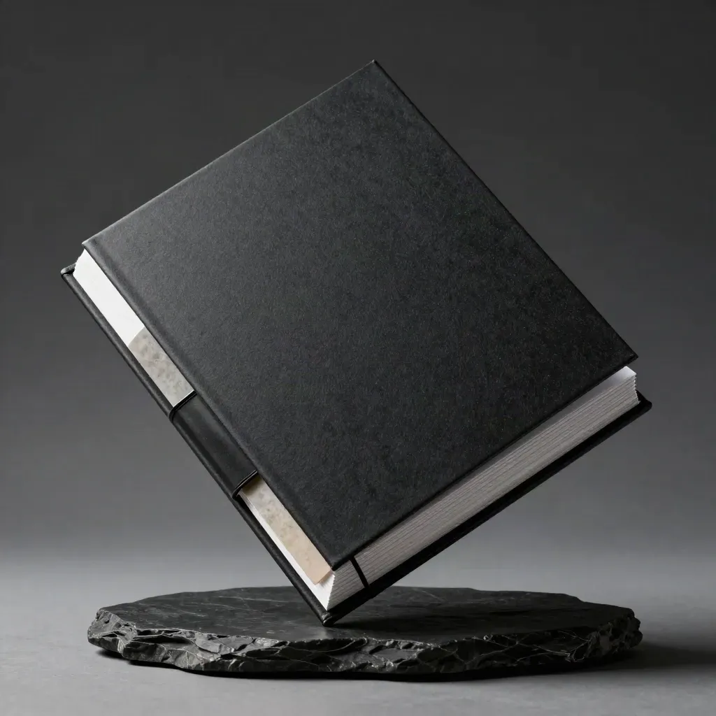 Carpeta de auditoría SEO suspendida sobre piedra negra, con pestañas y hojas en estudio.