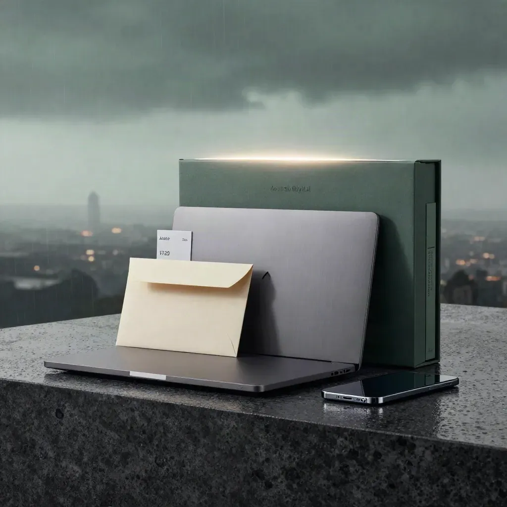 Folio de campaña, portátil cerrado y móvil sobre basalto mojado con niebla urbana al amanecer.