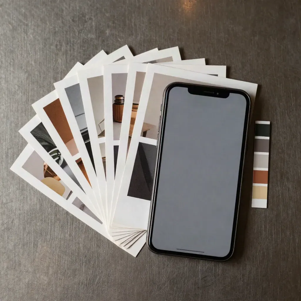 Tarjetas de contenido social, móvil oscuro y tira de color sobre acero cepillado.