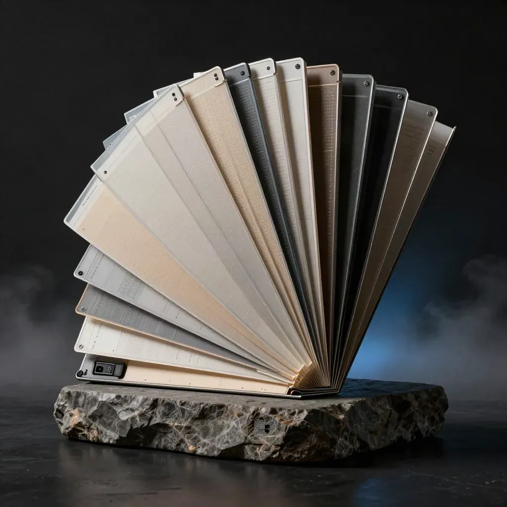 Stack de lanzamiento web y anuncios sobre pedestal de piedra, con bruma y brillo azul.
