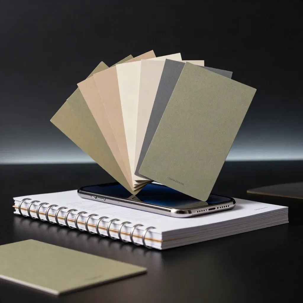 Kit de anuncios digitales con tarjetas apiladas, móvil y libreta de anillas sobre fondo oscuro.