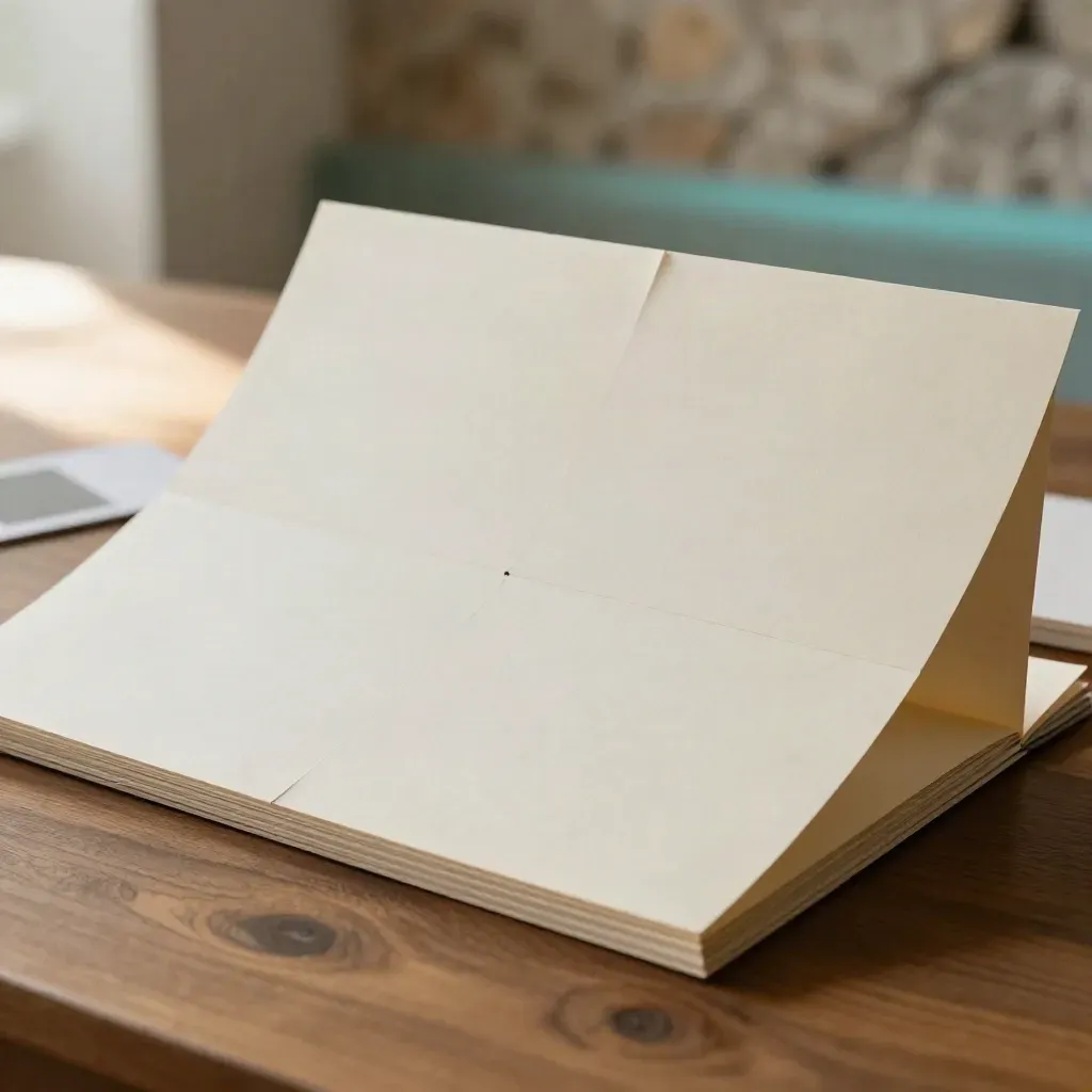 Tablero prototipo de landing page con pliegues de papel y fichas, sobre madera cálida.