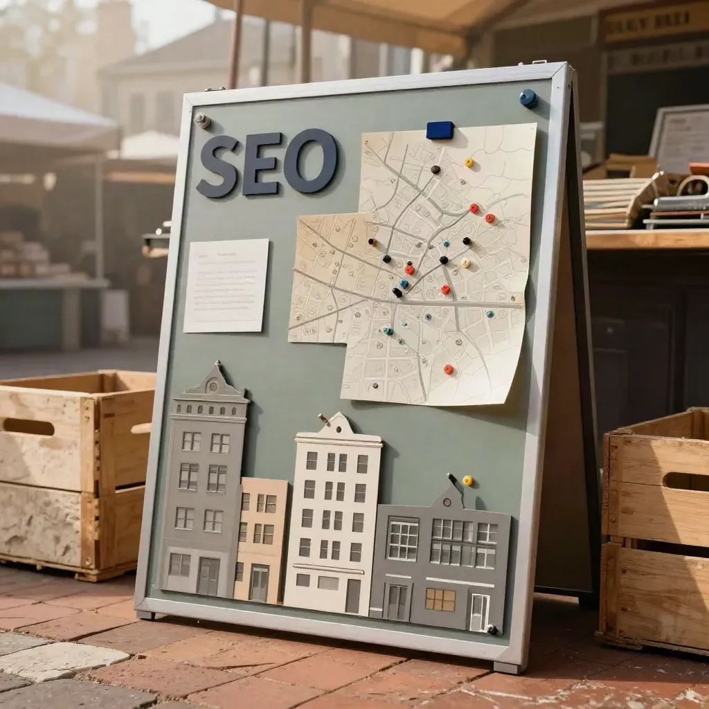 Tablero de SEO local con mapa plegado y marcadores en un mercado urbano.