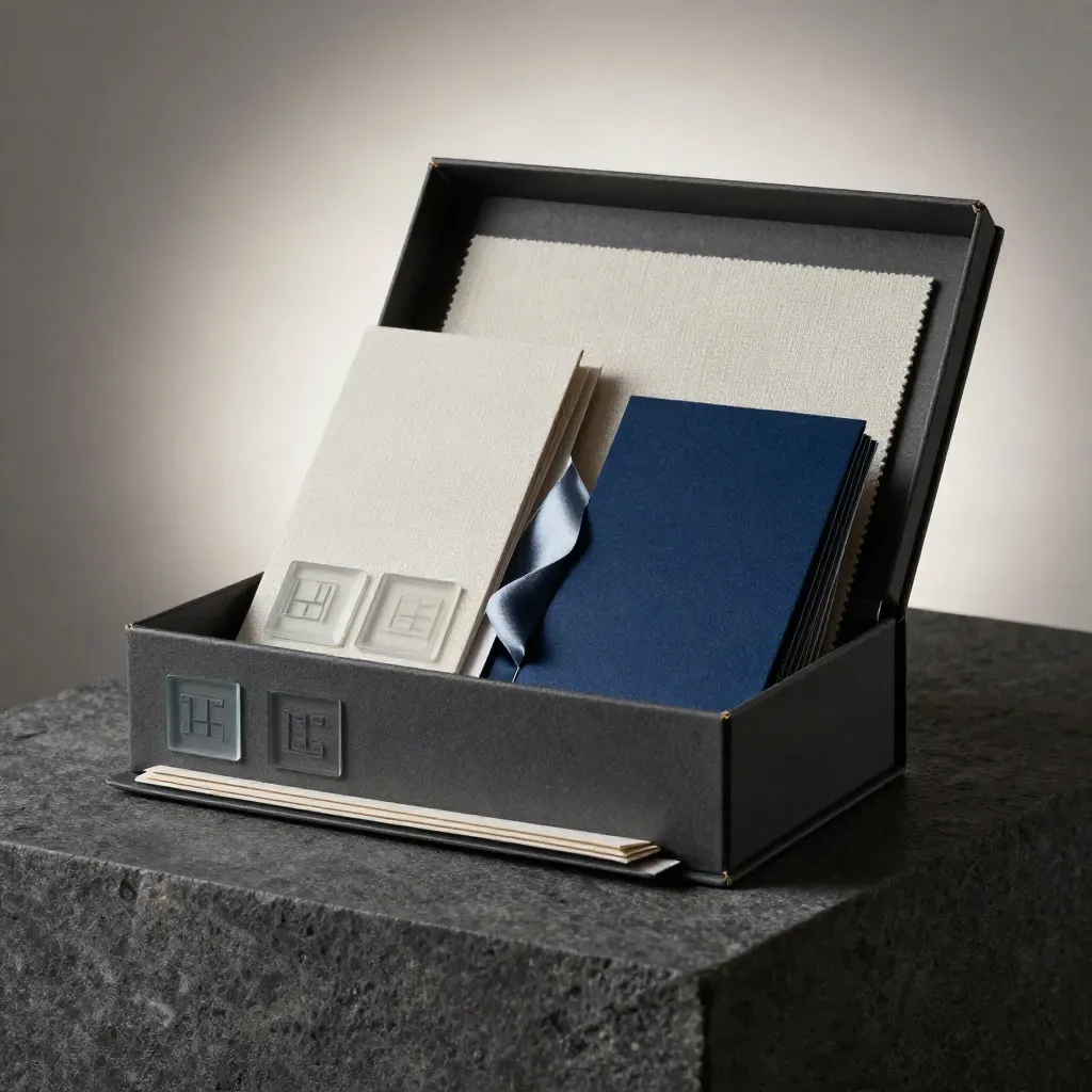 Kit de marca digital abierto con muestras, tarjetas y piezas de logo sobre un plinto oscuro.