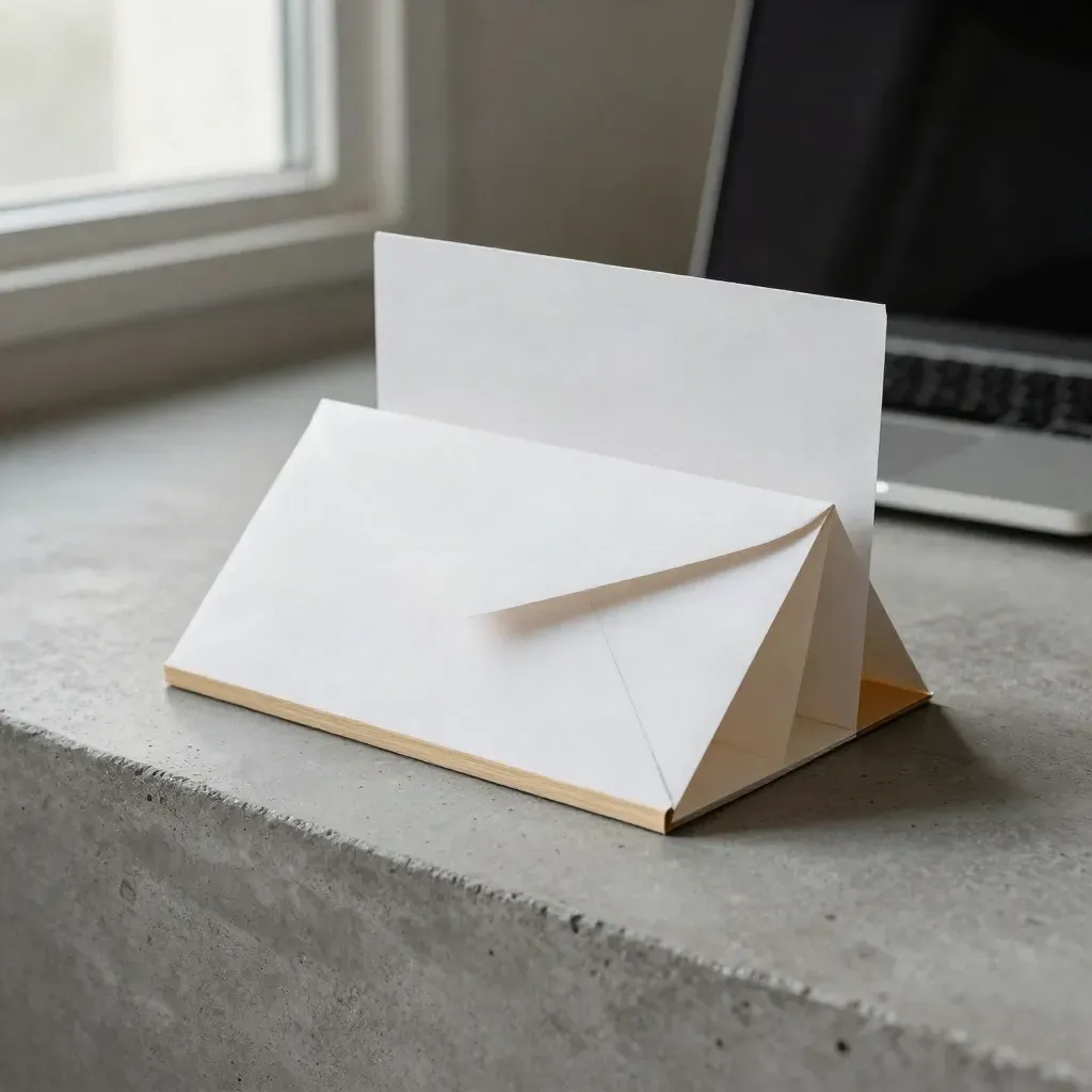 Bundle de email marketing con pliegues blancos y portátil desenfocado en una escena moderna.