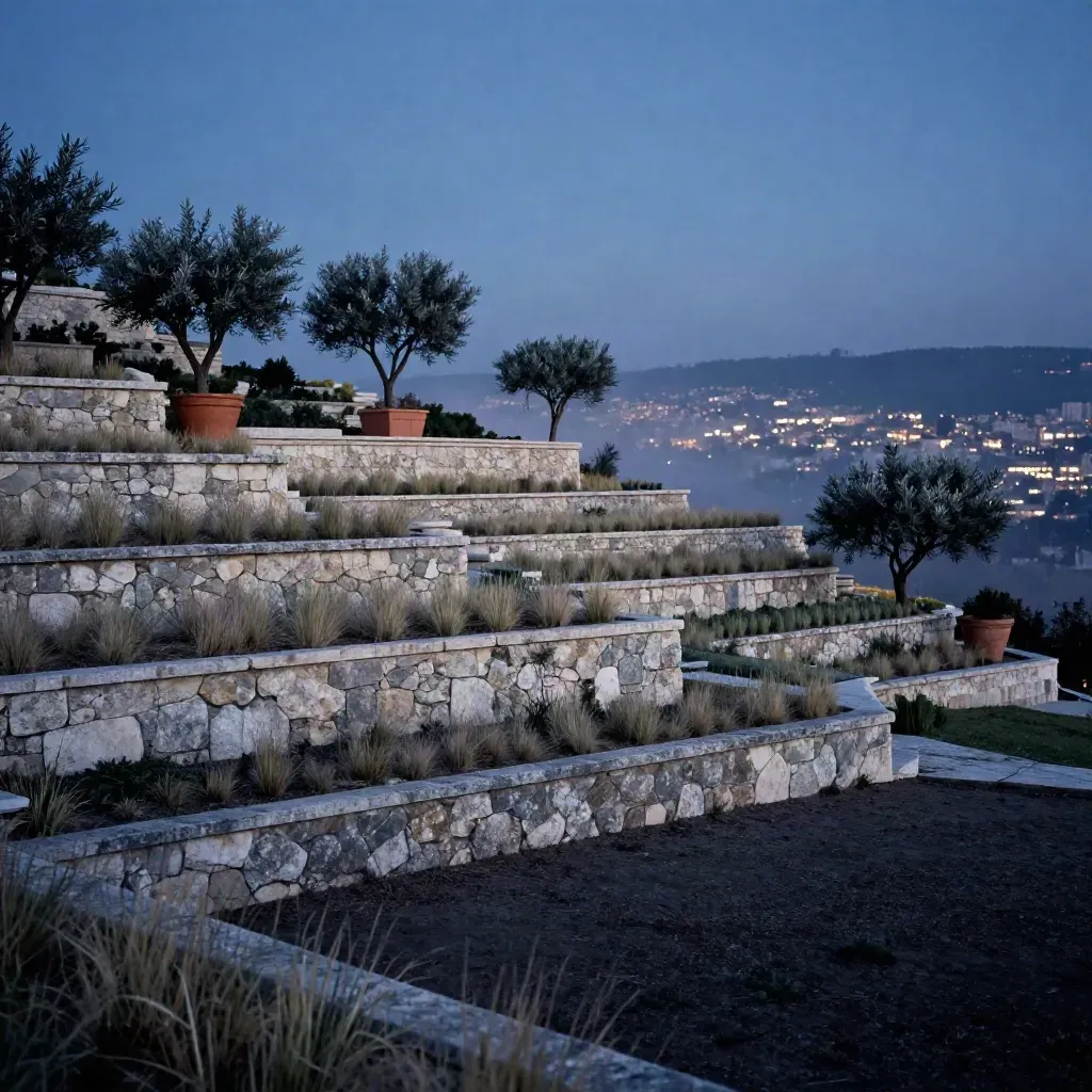 Ladera de jardín urbano al atardecer azul con muros de piedra y skyline desenfocado.