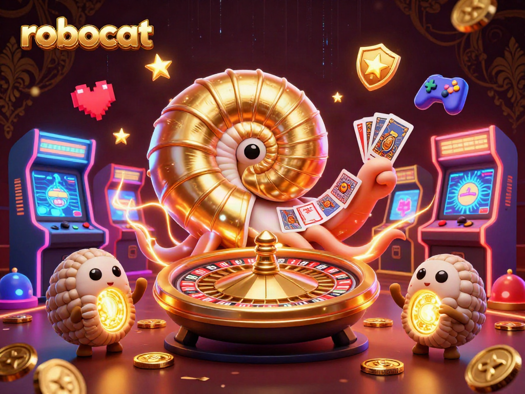 Robocat casino scene showcasing a vibrant nautilus roulette wheel with glowing game elements