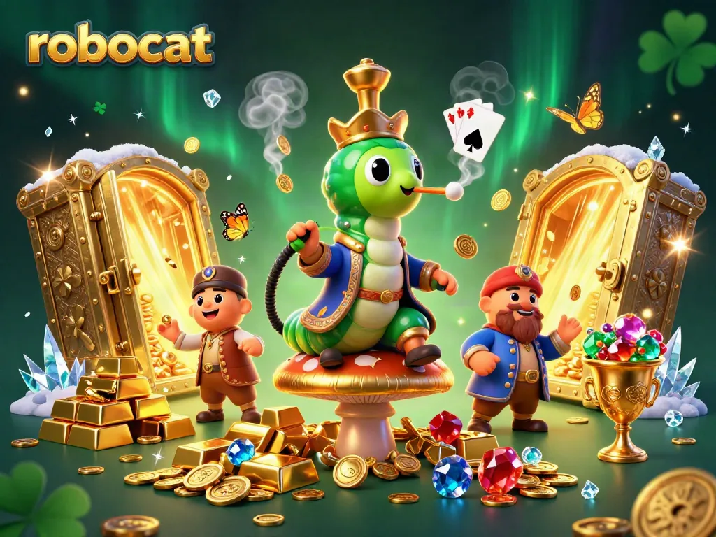 Robocat Casino showcases a magical scene with vibrant characters, gold coins, and poker symbols to engage players.