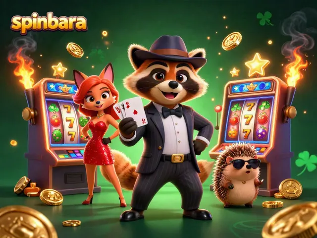Spinbara casino scene featuring a raccoon, fox, and hedgehog amidst vibrant slot machines and gold coins.